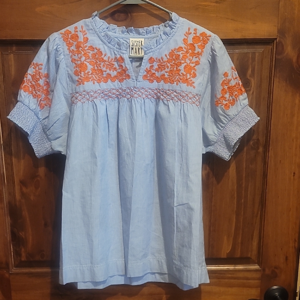 Sister Jane Light Blue Top with Orange Embroidery